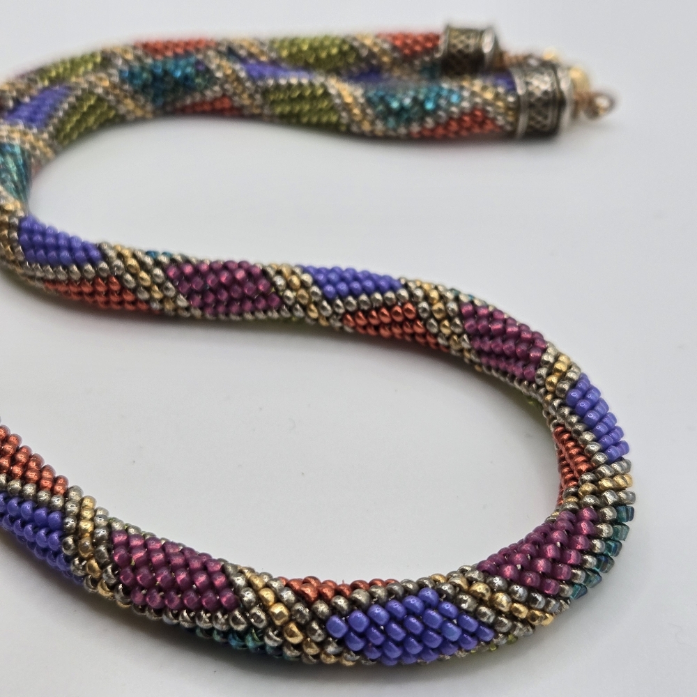 Tubular Peyote Stitch Crochet Seed Beaded Necklace Diamond harlequin Handmade